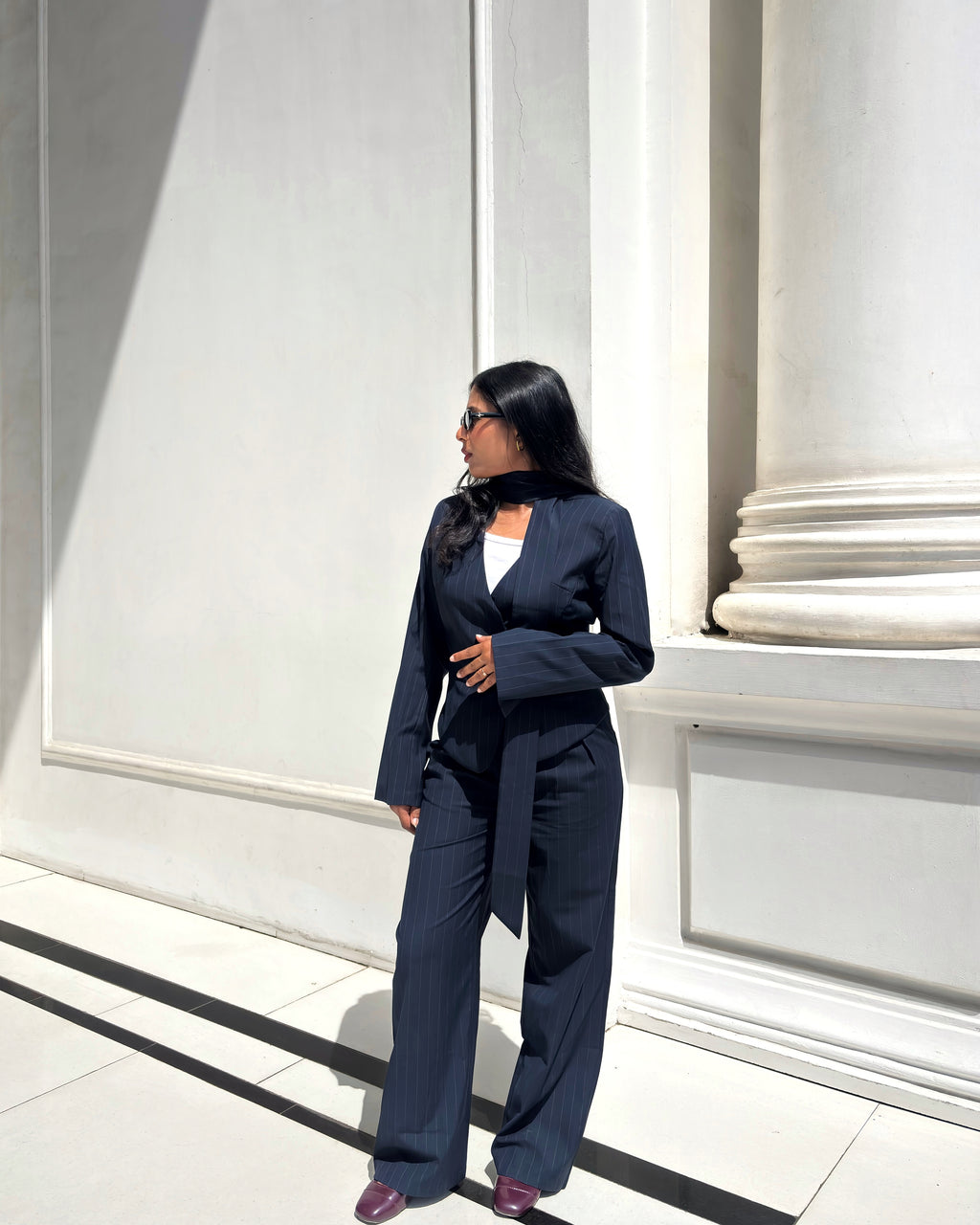 Midnight Blue Pinstripe Blazer Top with Scraf