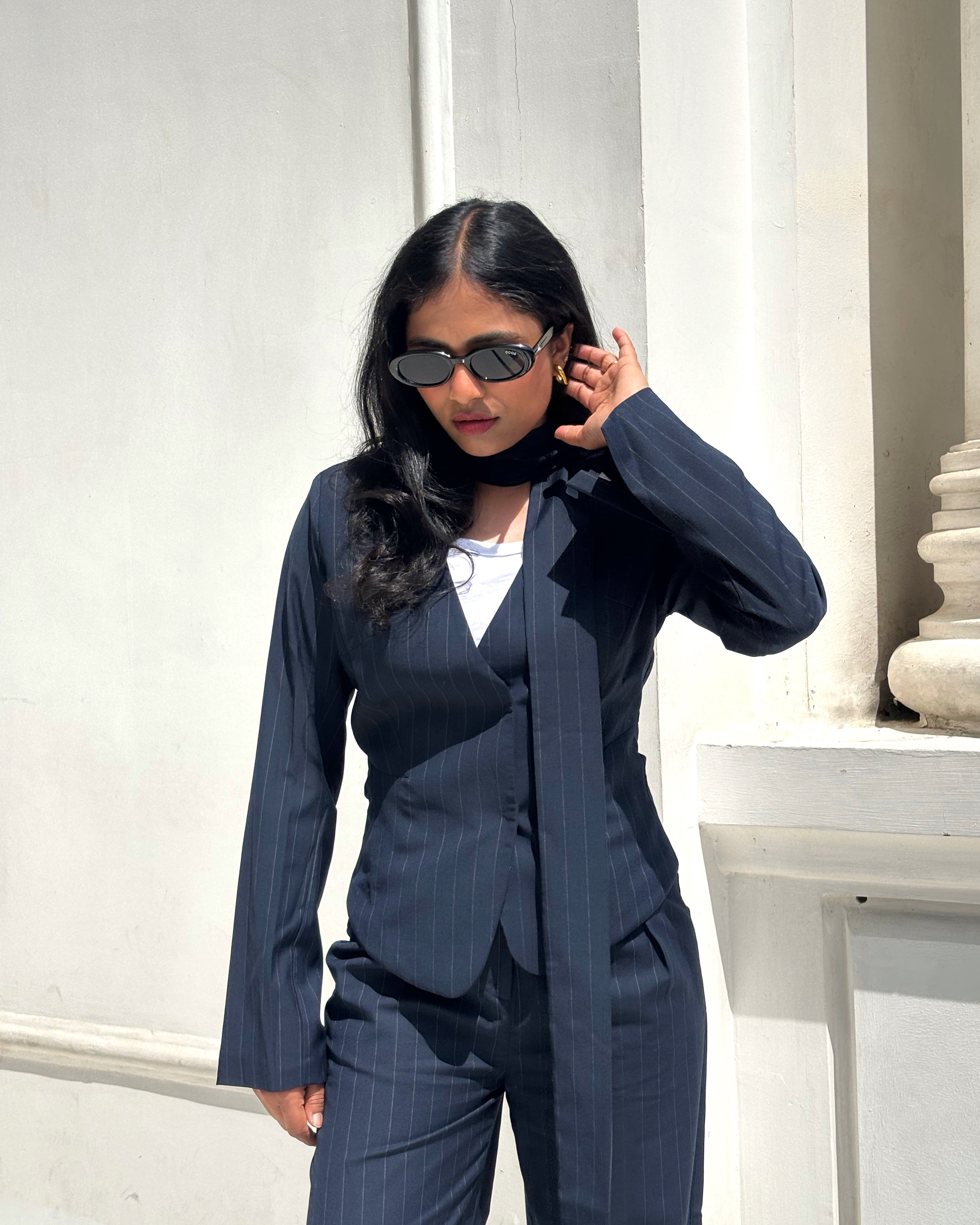 Midnight Blue Pinstripe Blazer Top with Scraf