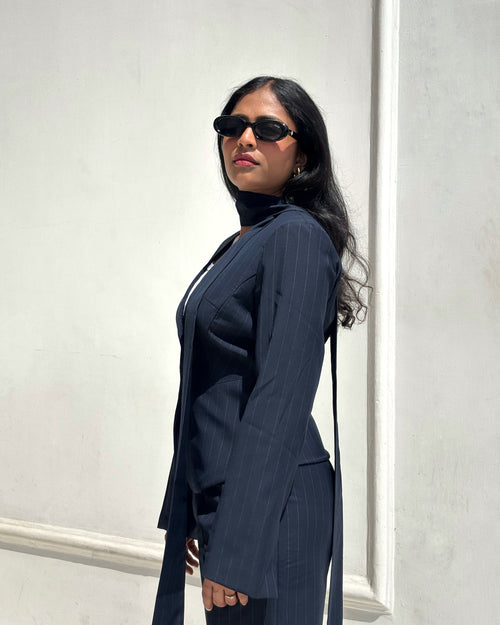 Midnight Blue Pinstripe Blazer Top with Scraf